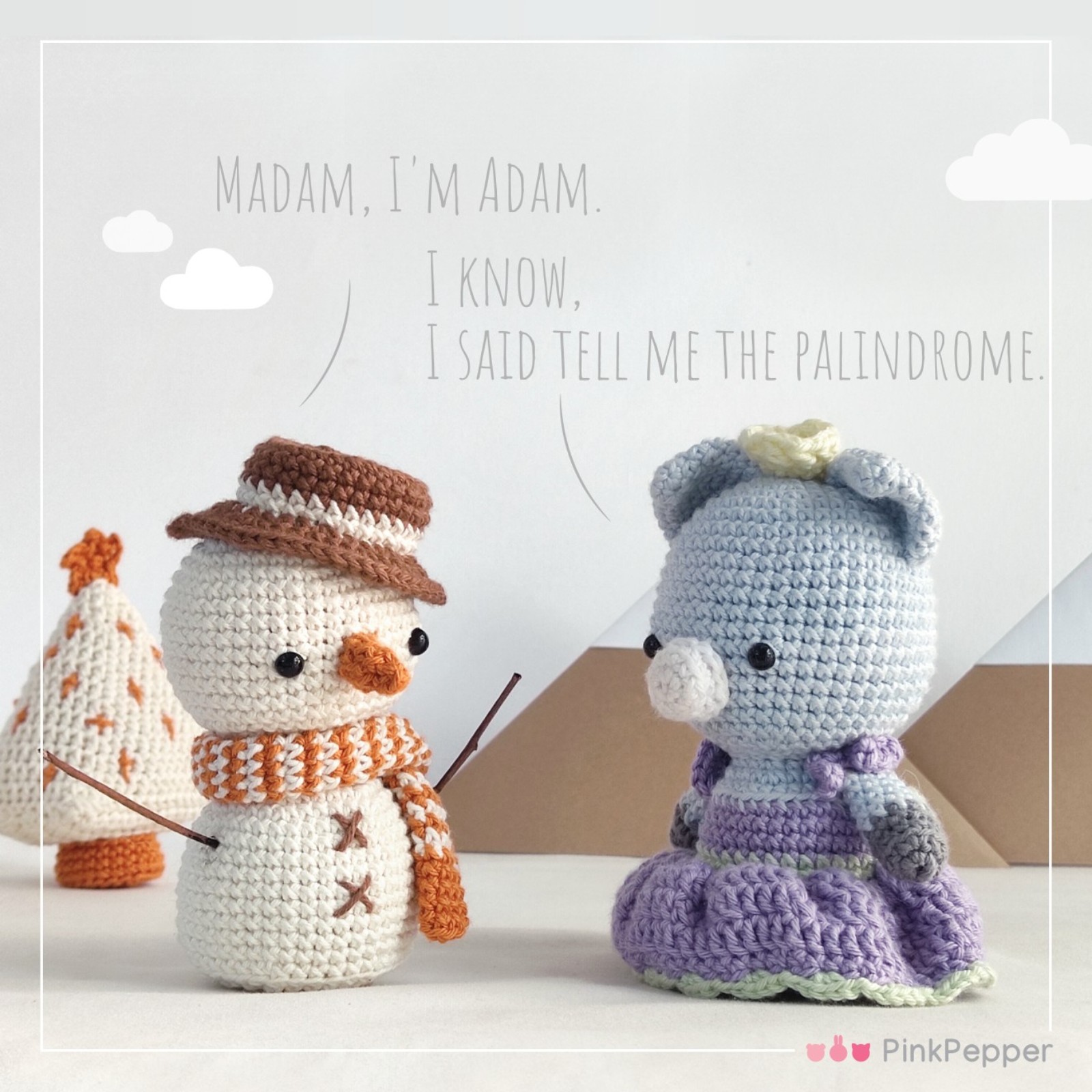 Crochet Pig and snowman with paper mountains