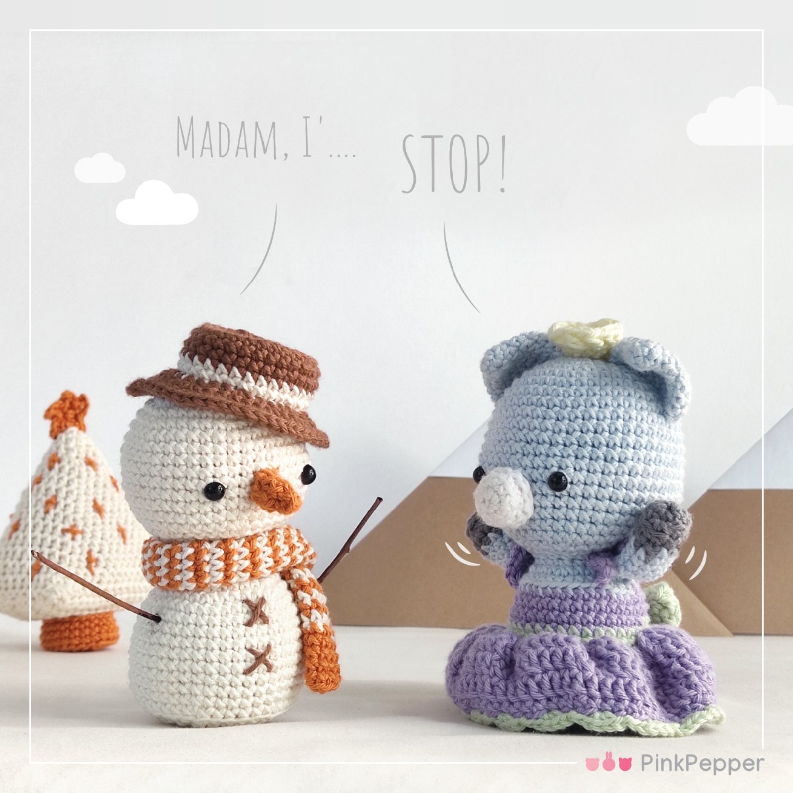 Crochet Pig and snowman with paper mountains