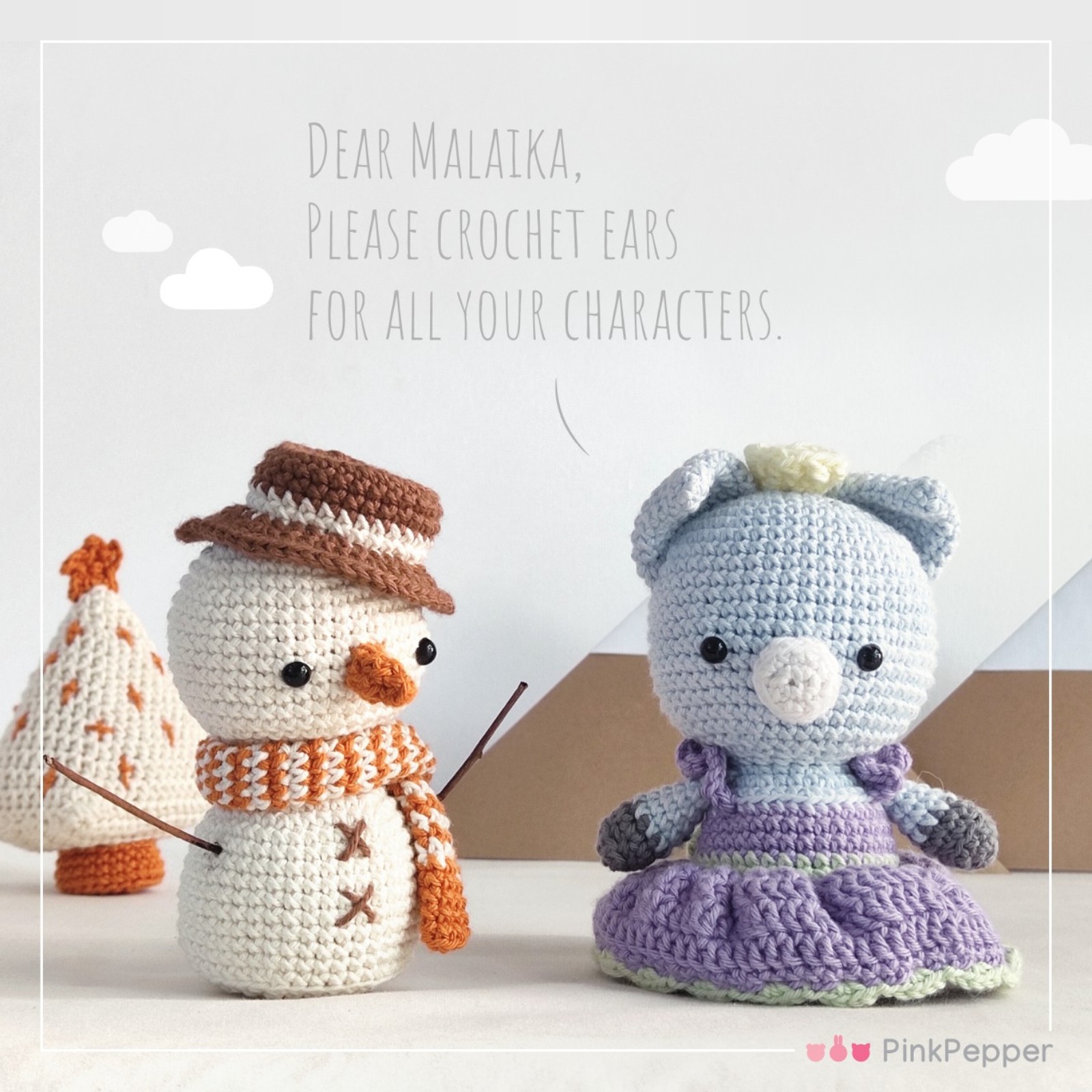 Crochet Pig and snowman with paper mountains